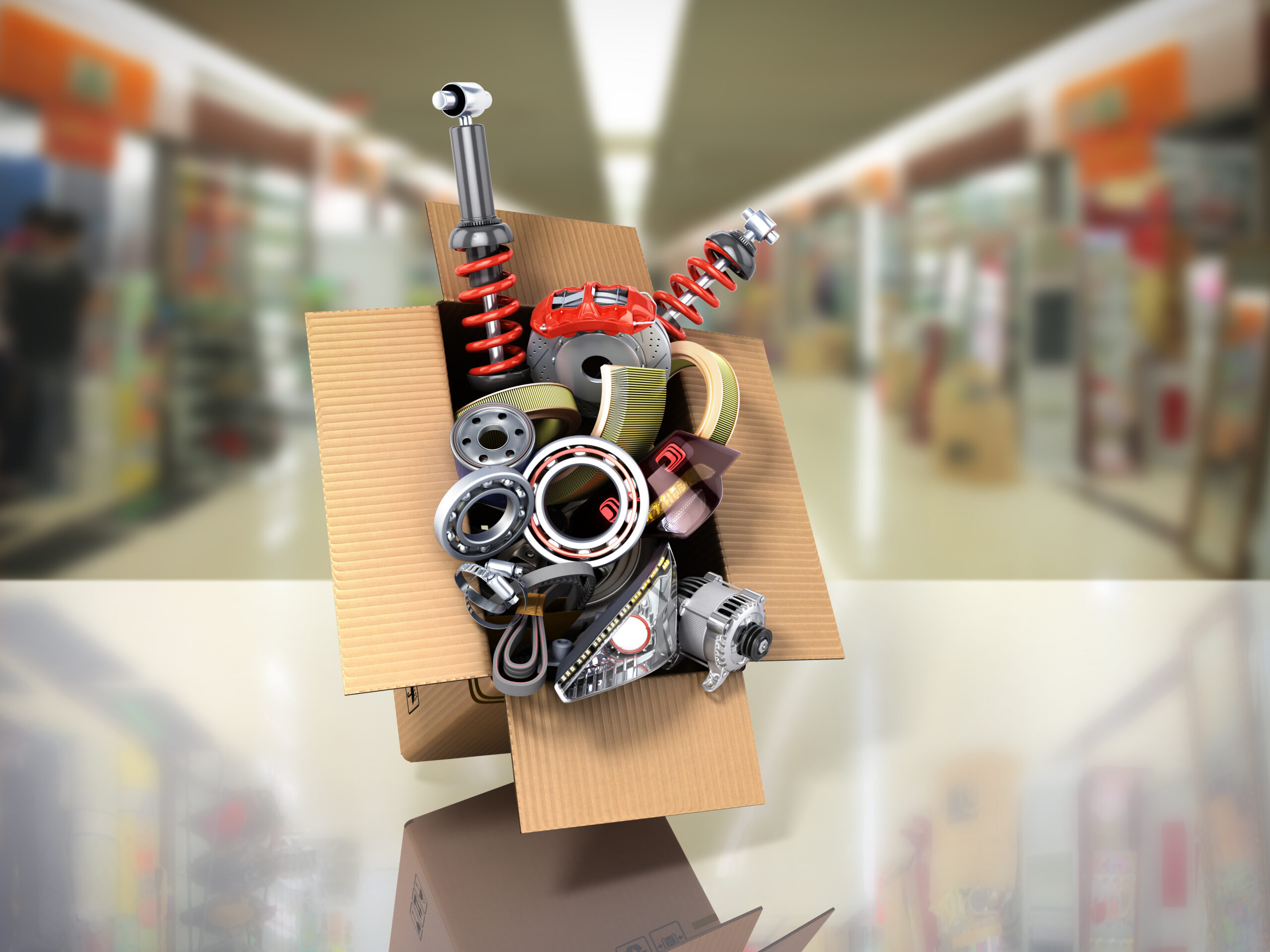 modern concept of vehicle maintenance automotive supplies delivery car parts in open box 3d render on a sale background